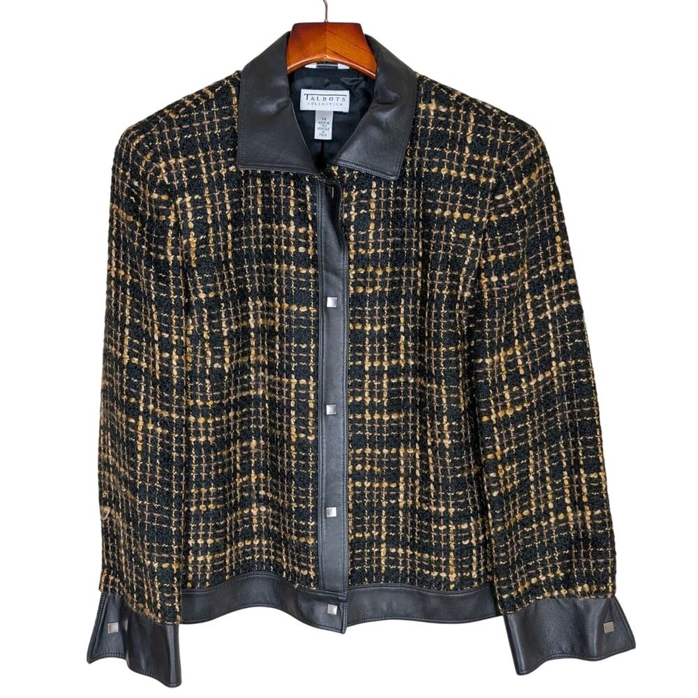 Talbots Collection Tweed Wool Alpaca Blend Jacket Size 14 Faux Leather Trim